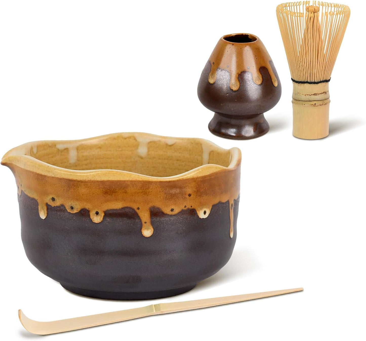 Pottery Matcha Set - Japanese Handcrafted Matcha Tea Bowl Mineral Glaze Bowl with Spout, Bamboo Whisk, Scoop & Chasen Holder | 4pc Tea Ceremony Kit for Matcha Lovers (Coffee Sand)