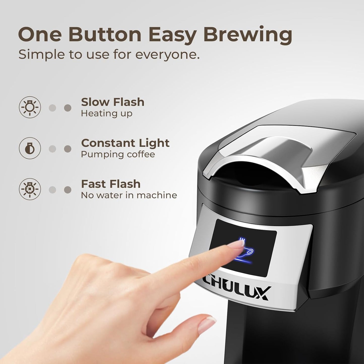 CHULUX Classic Single Serve Coffee Maker for K Cup, One Button Easy Coffee Machine for Office, RV, Travel and Dorm, Black