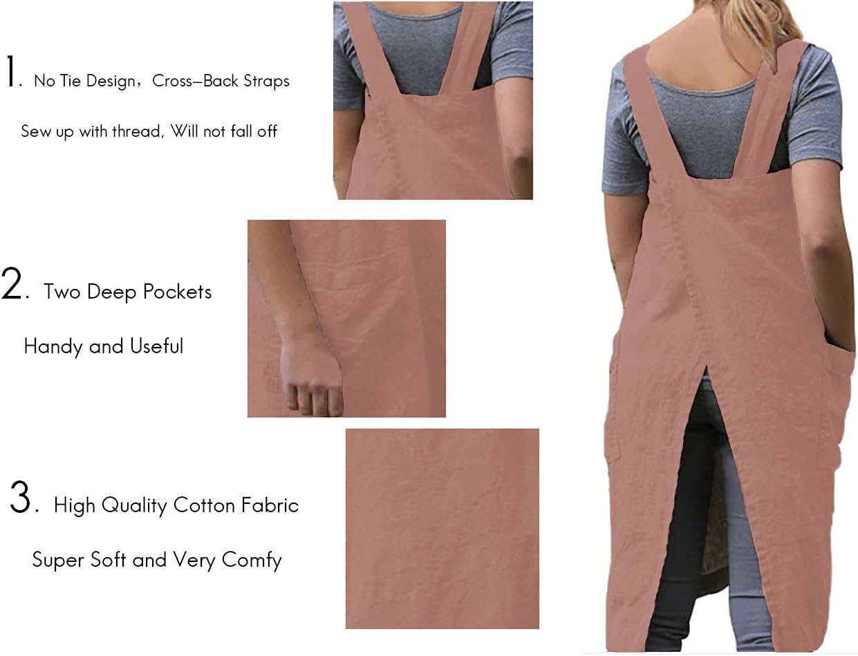 Women's Pinafore Square Apron Baking Cooking Gardening Works Cross Back Cotton/Linen Blend Dress with 2 Pockets