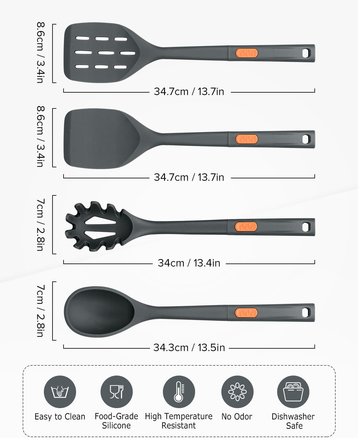 Silicone Spatulas and Spaghetti Spoons, 4 Pack Heat Resistant Full Silicone Cooking Utensils Set, Non Stick Large Kitchen Spatula Spoons for Cooking, Mixing, Serving, Draining