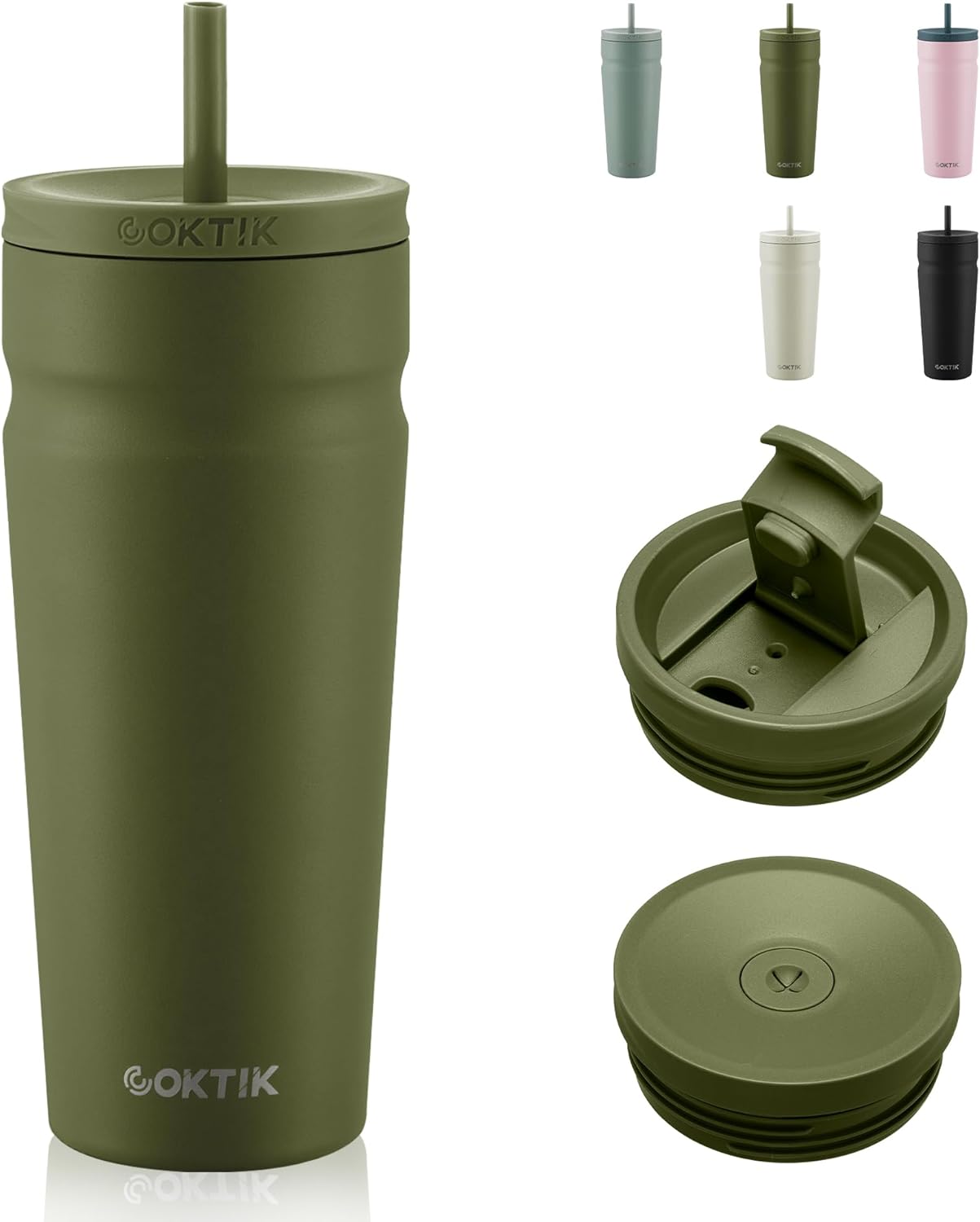 COKTIK 24oz Insulated Tumbler with Lid and Straw 2 Lids (Straw/Flip) Iced Coffee Cup Reusable Stainless Steel Travel Mug Water Bottle Cupholder Friendly for Women Men Her Him (Olive)