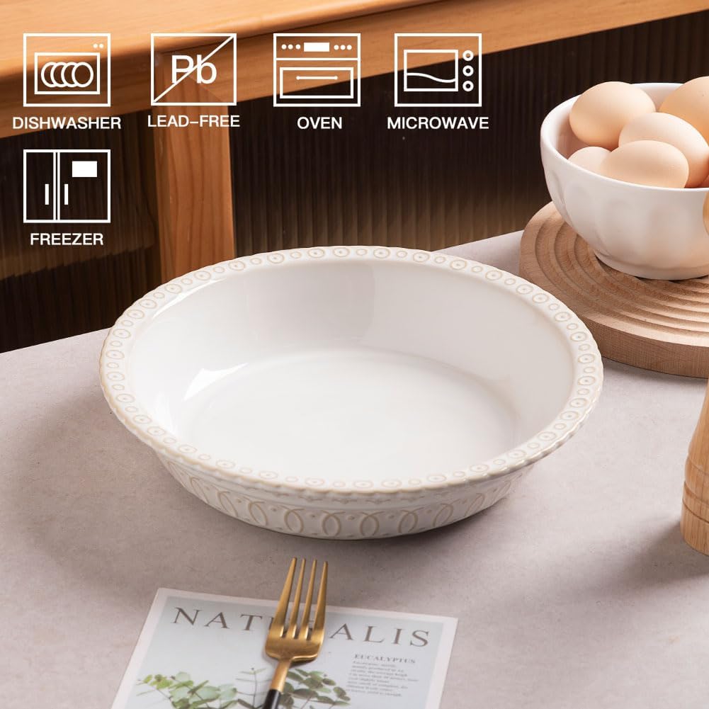 Sweejar Ceramic Pie Pan for Baking,Round Baking Dish Pan for Dinner 10 Inches, Pie Dish Non-Stick Pie Plate for Quiche,Tart，Cake,Pumpkin Pie, Pot Pies (White)