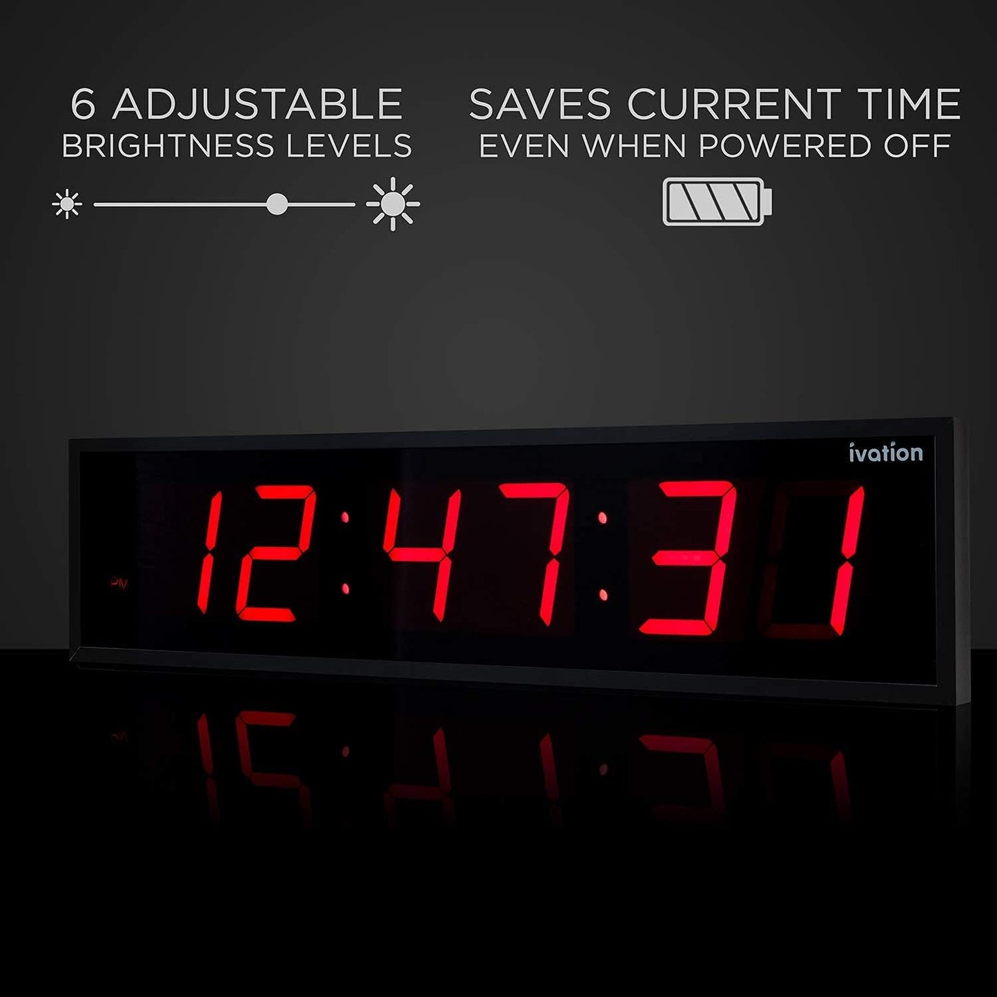 Ivation Oversized 24" Large Digital LED Clock | Big Digital Clock w/Multi-Function Display – Stopwatch, Timer, Alarms, Temp & Date | 6 Brightness Levels, Time Memory & Remote (Red)