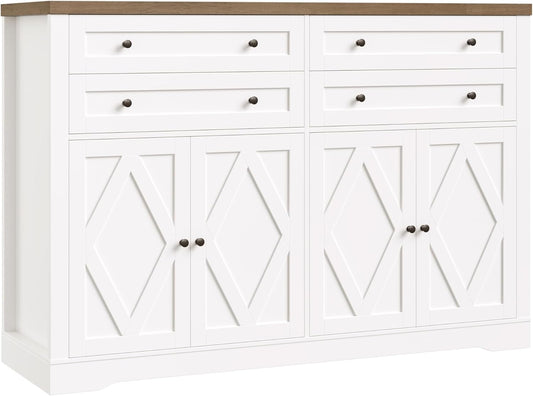 HOSTACK 55" Coffee Bar with 4 Large Drawers, 40" Tall Buffet Cabinet with Storage, Kitchen Storage Cabinet, Modern Farmhouse Sideboard Buffet, Adjustable Shelves for Living Room, White
