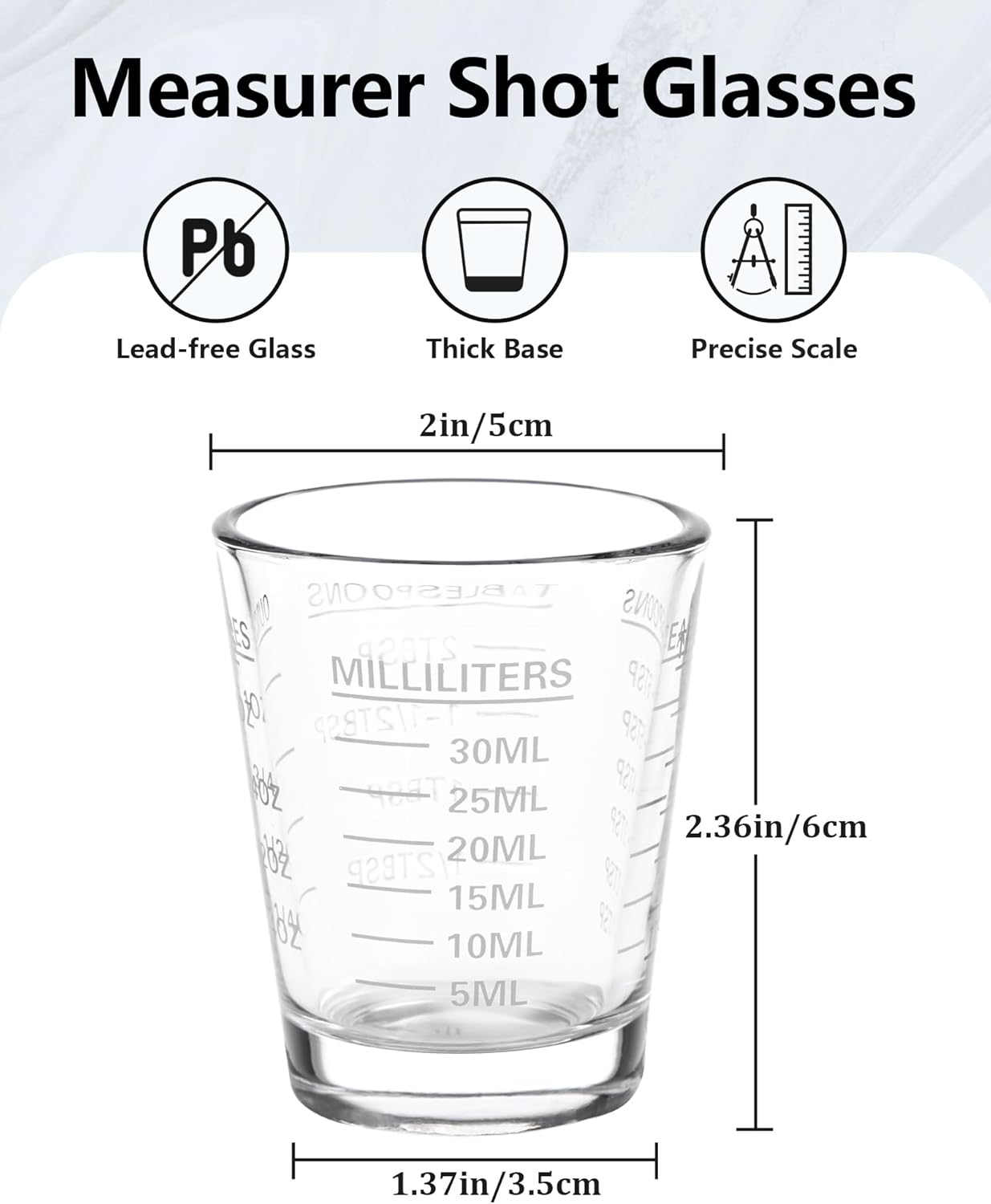Shot Glasses Measuring Cup Set 2PACK Espresso Shot Glasses Liquid Heavy Glass 26-Incremental Measurement 1 OZ, 2 TBS, 6 TSP, 30 ML Kitchen Tools (White)