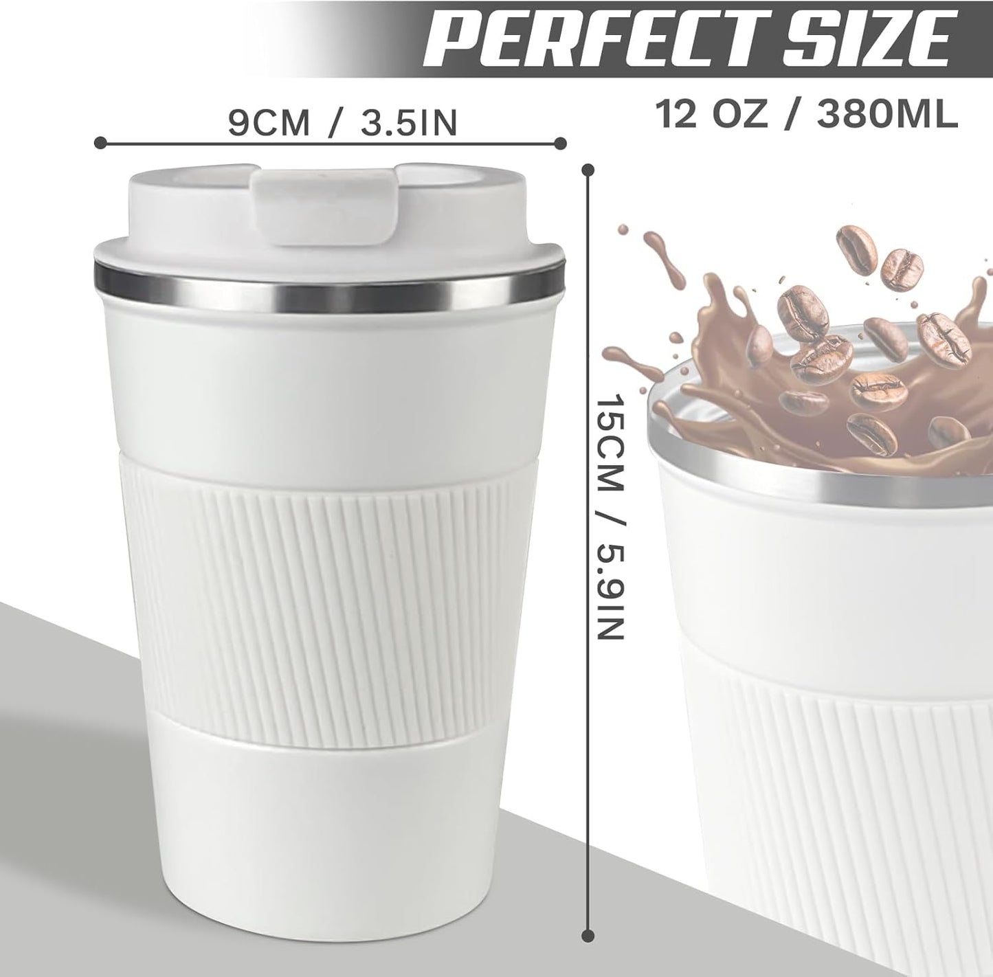 Vacuum-Insulated Stainless Steel Travel Coffee Mug, Leak-Proof Reusable Coffee Cup with Lid - Keep Hot & Cold Drinks for Hours, Durable Thermos Tumbler for Men & Women (3rd-White, 12OZ)