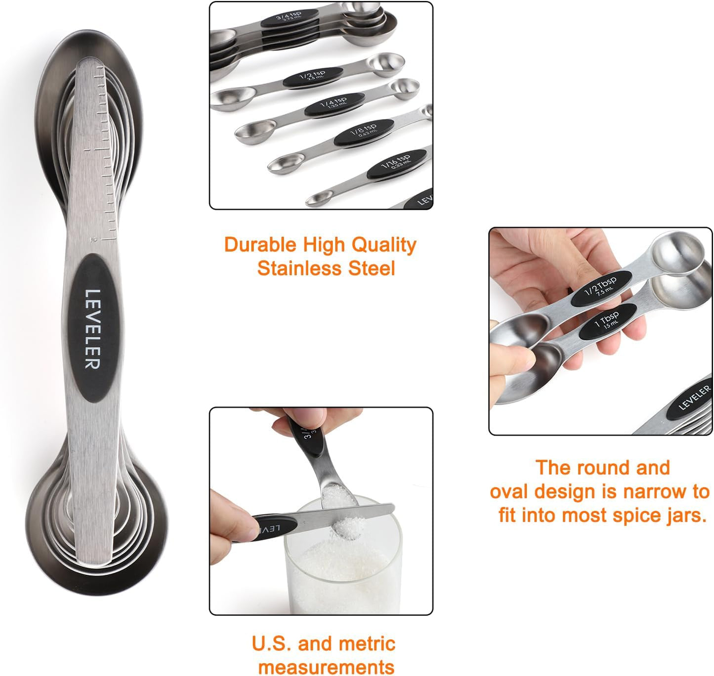 Magnetic Measuring Cups and Spoons Set Stainless Steel Stackable 7 Magnetic Metal Measuring Cup 8 Magnetic Measuring Spoon with Leveler for Dry Liquid Ingredient
