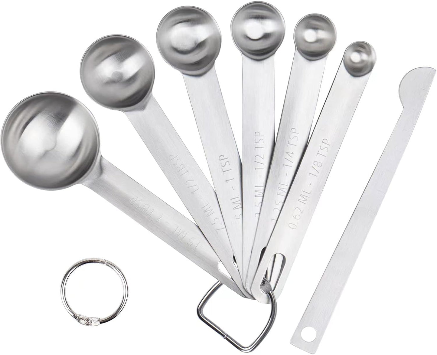 Upgrade Stainless Steel Measuring Spoons Set, Small Tablespoon, Teaspoons, Set 6 with Bonus Leveler, Etched Markings and Removable Clasp for Dry and Liquid, Fits in Spice Jars