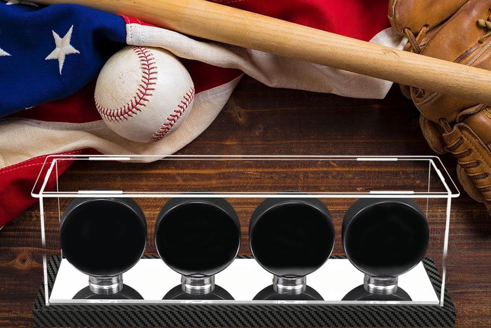 Hockey Puck Display Case for 4 Pack in one, Arcylic Puck Display Holder Stand UV Protected Dustproof Clear Display Cube Free Standing Display Cases with Carbon Fiber Skin Base and Mirror Base