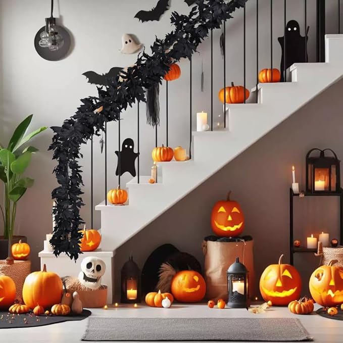 Lvydec 2 Pack Black Halloween Fall Maple Garland - 5.9ft/Piece Artificial Hanging Fall Leave Vines Garland Autumn Decor for Thanksgiving Home Wedding Party