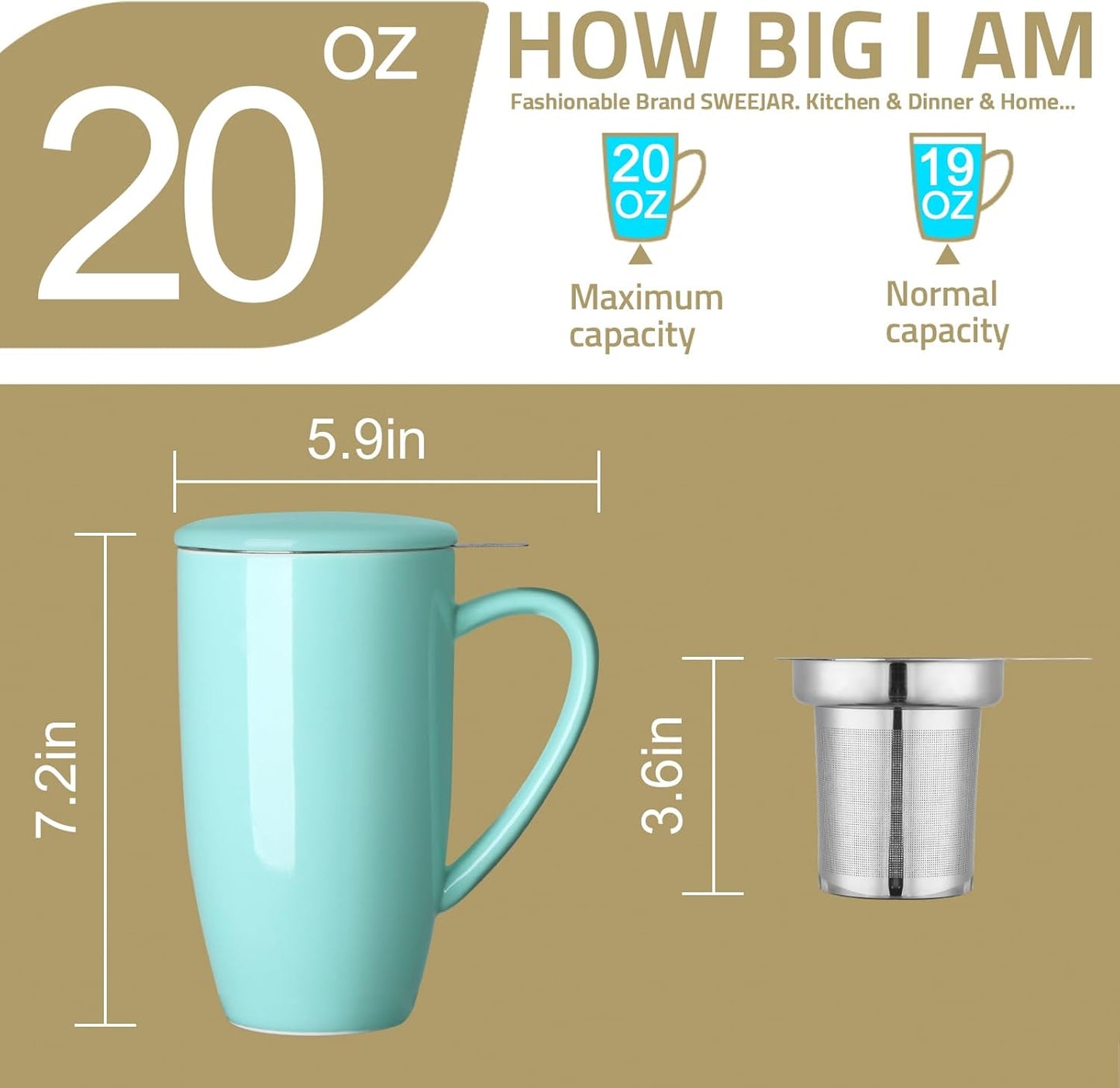 Sweejar Porcelain Tea Infuser Mug with Lid, 20 oz Teacup with Strainers for Loose Leaf Tea, Microwave and Dishwasher Safe Coffee Mug(Purple)