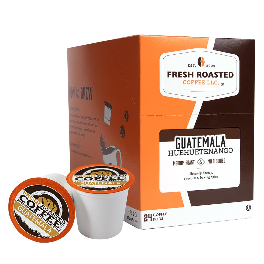 Fresh Roasted Coffee, Guatemala Huehuetenango, Medium Roast, 24 Pods for K Cup Brewers