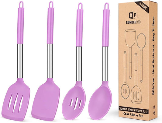 Pack of 4 Silicone Cooking Utensils Set, Non Stick Large Solid Spatulas, Heat Resistant Purple Slotted Spoons, Ideal BPA Free Kitchen Turners for Frying, Mixing,Serving,Draining,Turning,Stirring