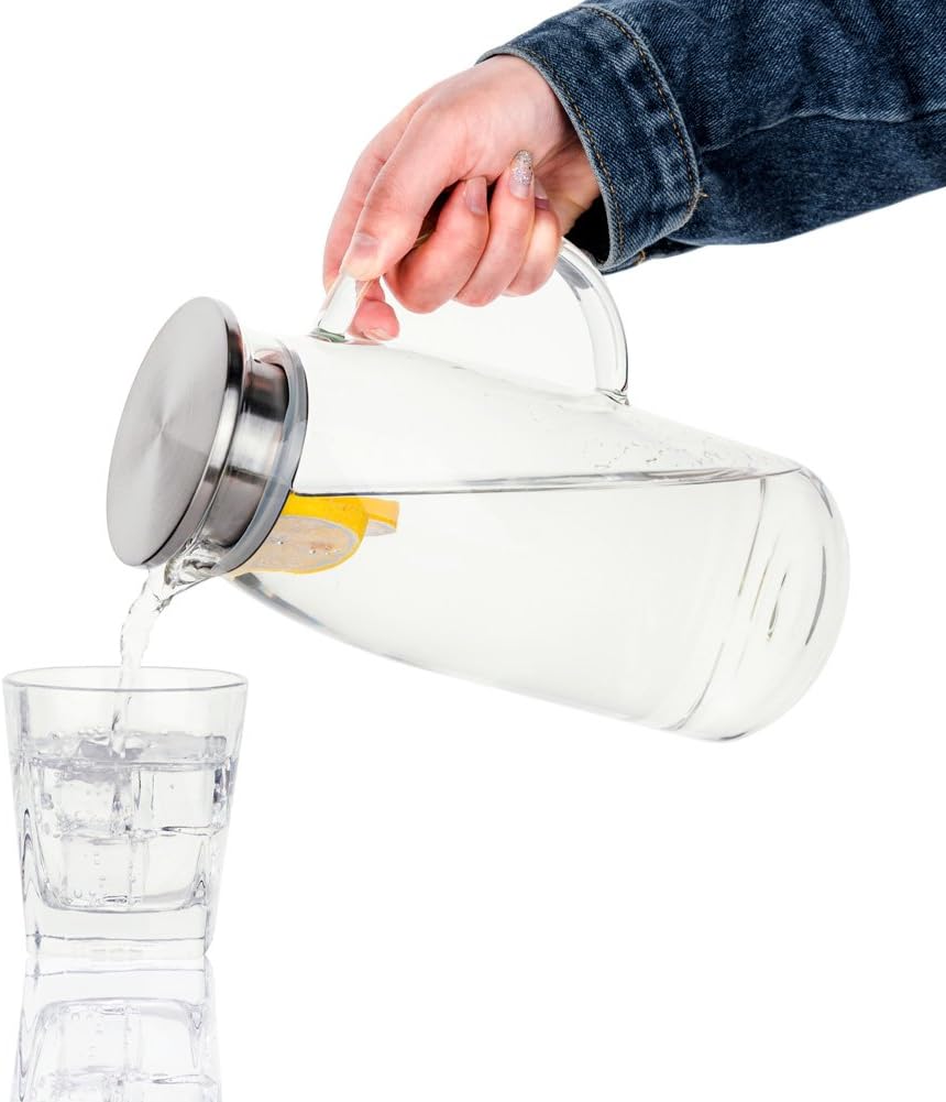 60 Ounces Glass Pitcher with Lid, Hot/Cold Water Jug, Juice and Iced Tea Beverage Carafe