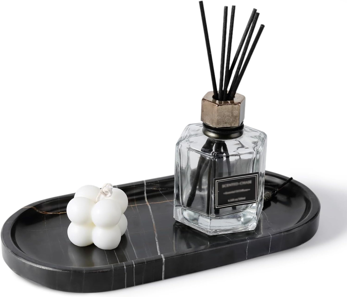 Koville Black Marble Vanity Tray for Bathroom Countertop, 10"x5" Natural Marble Catchall Tray Perfume Trays for Dresser, Stone Jewelry Dish Candle Holder for Home Decor, Stone Oval Trays