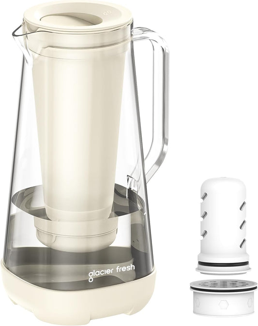 GLACIER FRESH 7 Cup Purela Glass Water Pitcher with 1 Ultrafiltration Membrane and Activated Carbon Filter, Reduces 99% Chlorine, PFOA&PFOS, Coliforms, BPA Free Materials, White