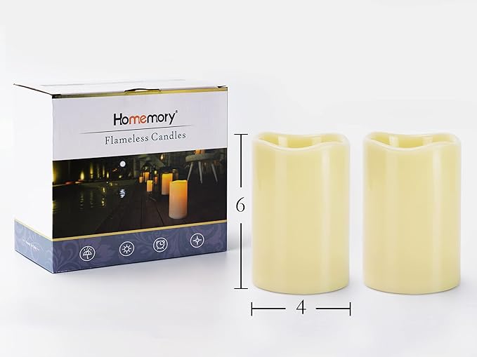 Homemory 4" x 6" Large Waterproof Outdoor Flameless Candles, Battery Operated Flickering LED Pillar Candles with Remote and Timers for Indoor Outdoor Lanterns, Long Lasting, Dark Ivory, Set of 2