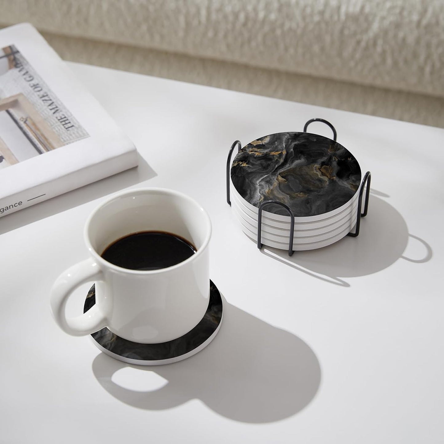 Set of 6 Abstract Black Marble Coasters with Holder, Absorbent Ceramic Coasters for Drinks, Coasters with Cork Backing for Table Protection, Housewarming Gifts for New Home