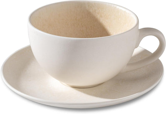 Ceramic Latte Art Mug With Saucer - 10 oz, Round Bottom For Perfect Pours - Cafe Cups for Cappuccino, Espresso, Coffee, Tea - Handmade Porcelain Set for Baristas, Great Gift - Apricot