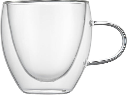 Restaurantware-Forma Professional 5.1 Ounce Glass Coffee Cups, 2 Insulated Coffee Cups With Handle - Dishwashable, Reusable, Clear Double Wall Beverage Tumblers, Freezable, For Hot Or Cold Beverages