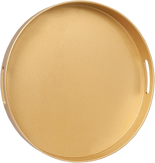 MAONAME 13" Gold Round Decorative Tray for Coffee Table, Modern Serving Tray with Handles, Plastic Ottoman Trays, Bathroom Decor