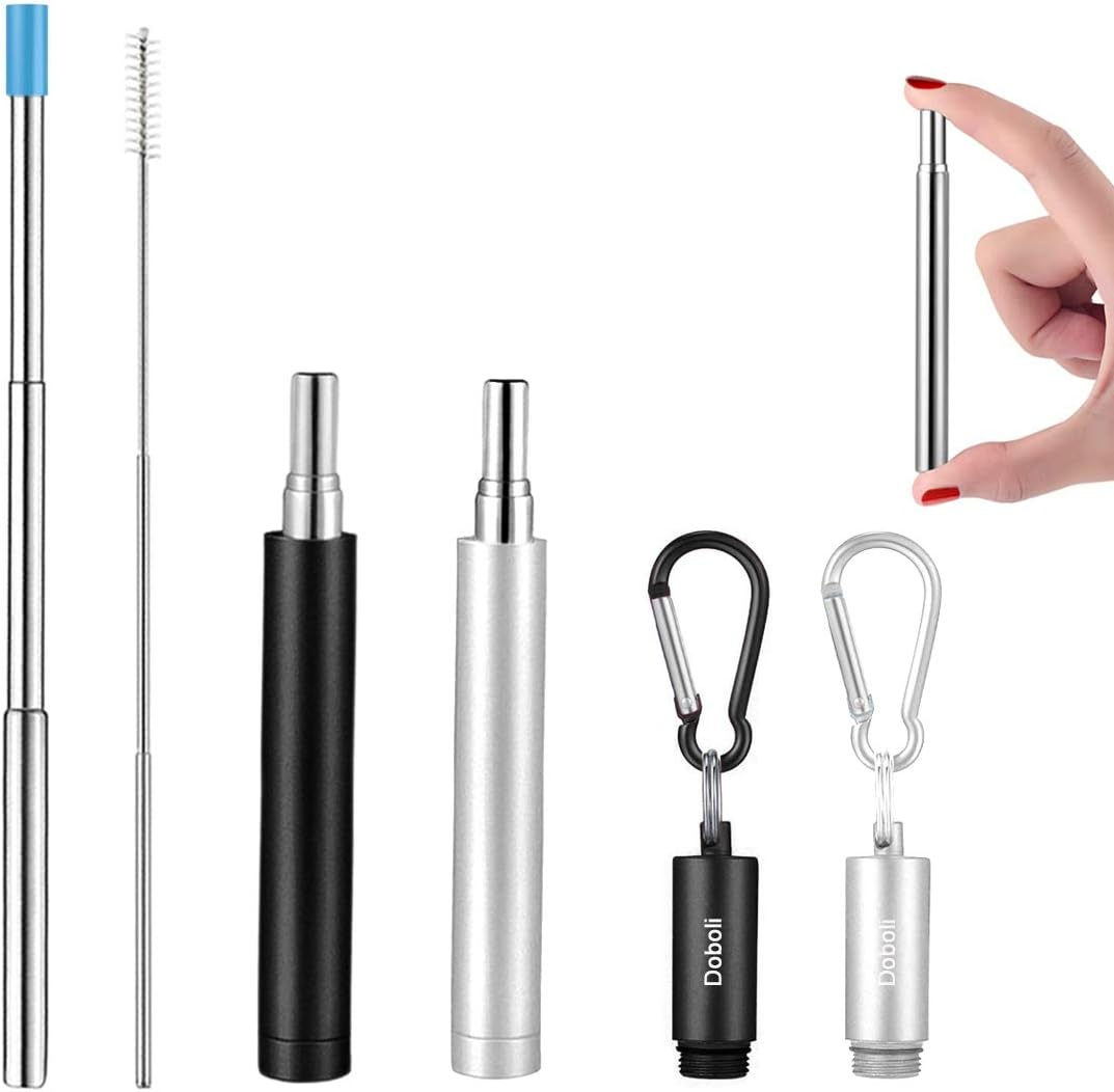 2 Pack Reusable Metal Straws Collapsible Stainless Steel Drinking Straw Travel Portable Telescopic Straw with Case,2 Cleaning Brushes Included Black/Silver