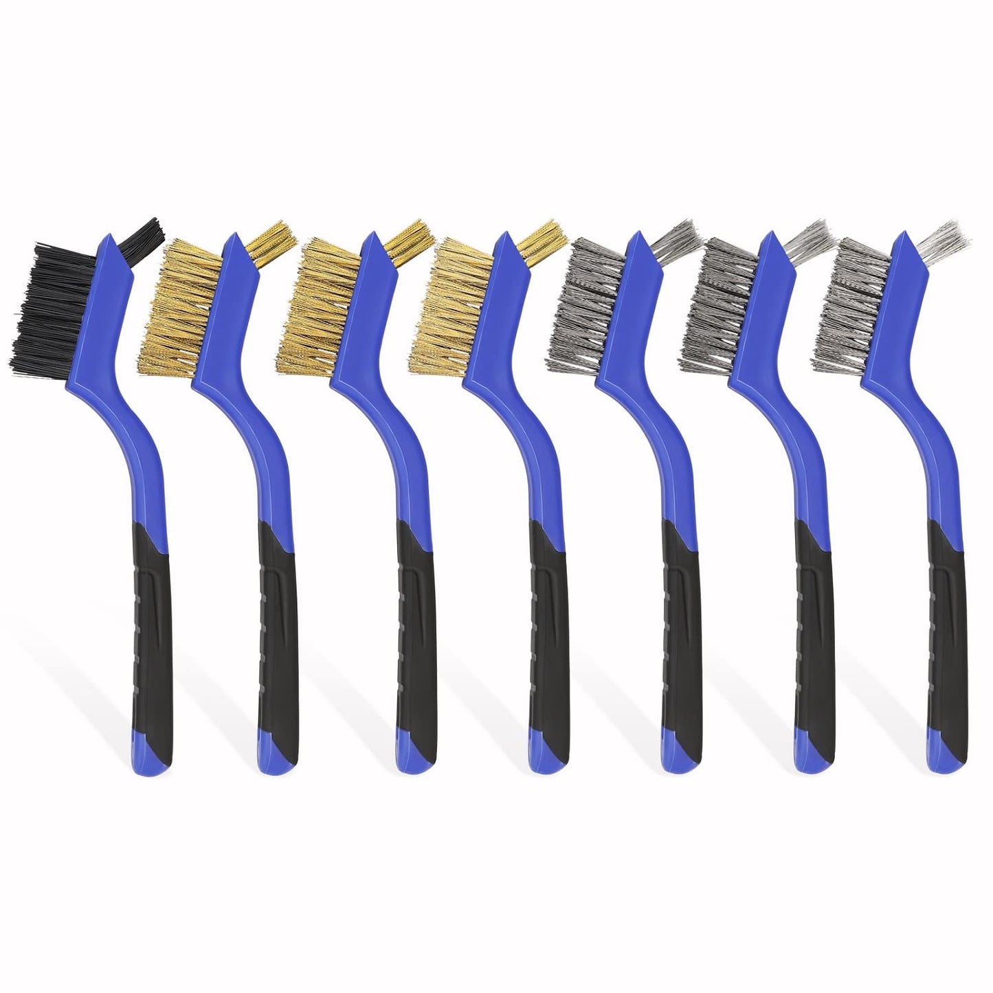 Wire Brushes Pack of 7. for Cleaning Welding Slag, Rust and Dust. 7" Brass, Stainless Steel, Nylon Brushes with Rigid Handle