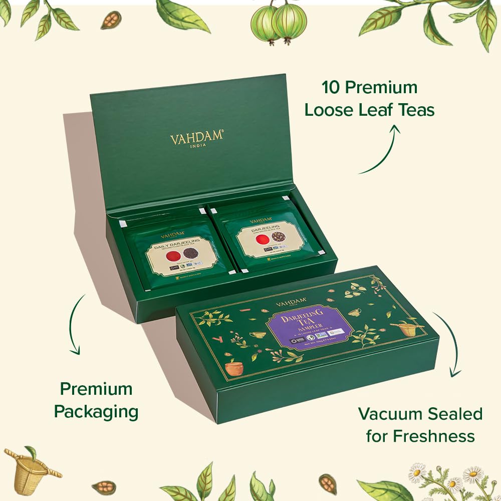 VAHDAM, Assorted Darjeeling Tea Sampler (10 Flavors, 50 Servings) Gluten Free, Non GMO - Darjeeling First Flush & Second Flush | Loose Leaf Tea Sample