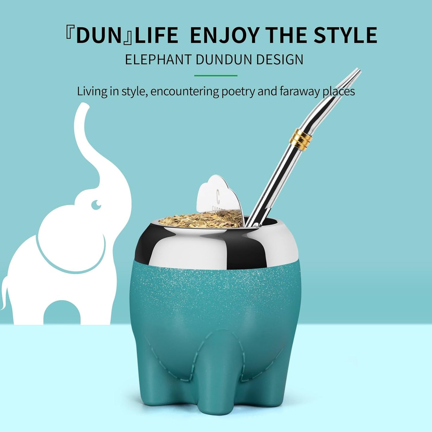 Premium Yerba Mate Cup 5 in 1 Set, Including Stainless Steel Gourd (Glitter Stars, Cute Elephant Style) Bombilla Straw, and Tea Shaper Set, 5.4oz, Gift for Women Drinking Coffee Tea Water