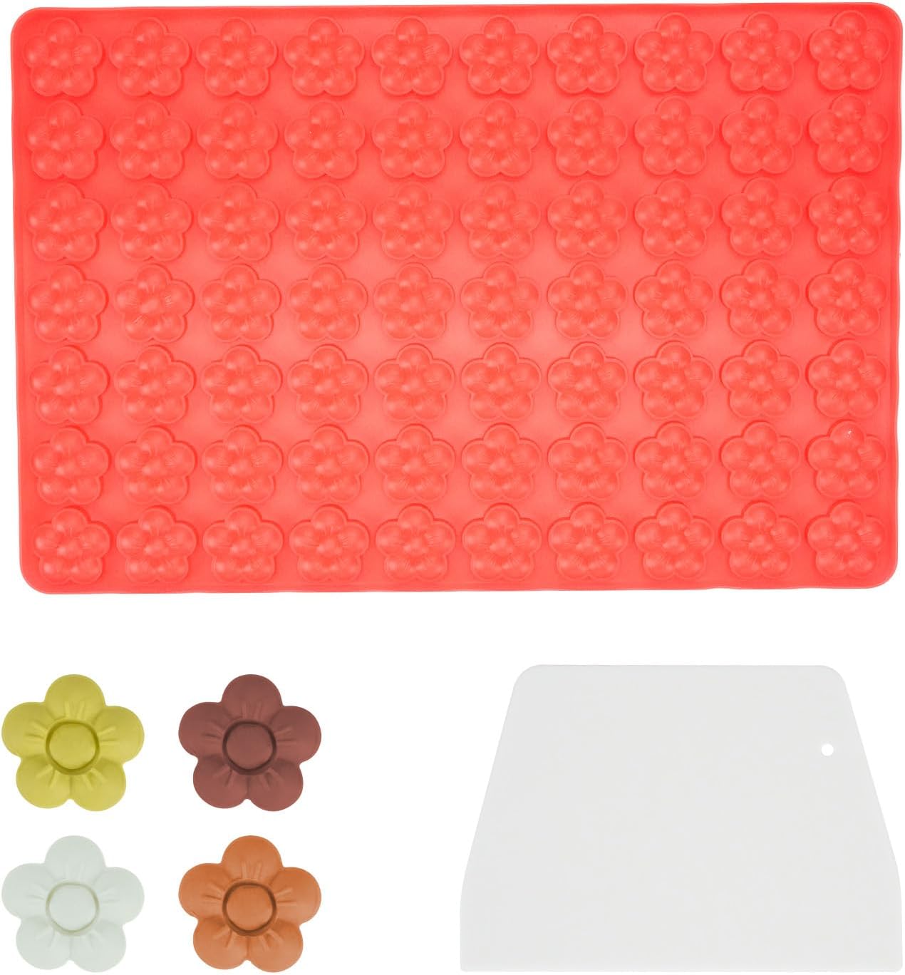 1 Pcs 70 Cavities Flower Chocolate Silicone Mold, Small Plum Blossom Shaped Molds for Candy, Gummy, Cookie, Edible Flowers Cake Decorating with Scraper