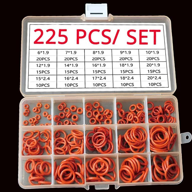 Silicone Rubber O-Ring Assortment Kit 225 Pieces 15 Sizes Metric VMQ Sealing Gasket Set for Cup Lids, Coffee Maker, Brewing Fitting, Washer, Filter, Pump, Plumbing, Hose, Gauge, Auto, Machine, Red.