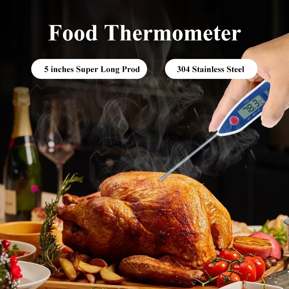 Wisebee Digital Meat Thermometer, Instant Read, ℃/℉ Switch, Long Stainless Steel Probe, Battery Powered, Food Thermometer for Cooking, Baking, Steak, Grilling and Frying (Blue)