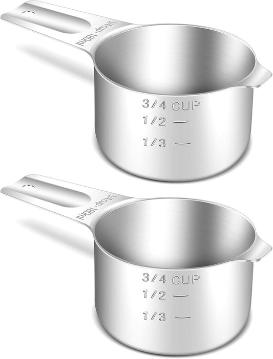 2PCS 3/4Cup (180ml, 6oz) Single Measuring Cup, Stainless Steel Measure Scoop, Metric and US Measurement, Heavy Duty, Dishwasher Safe