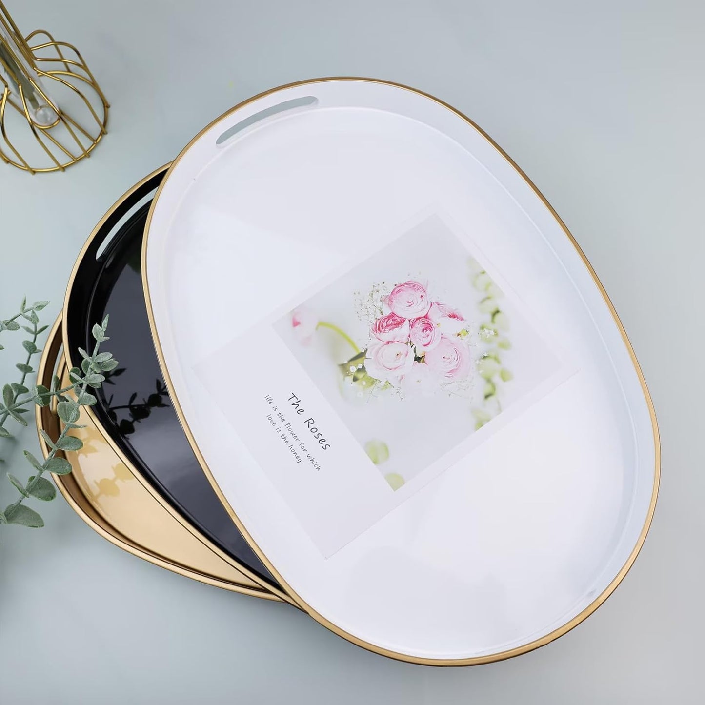 Black Oval Decorative Tray with Handles, Versatile Serving Tray for Coffee Table, Ottoman, Ideal for Serving, Displaying, Organizing