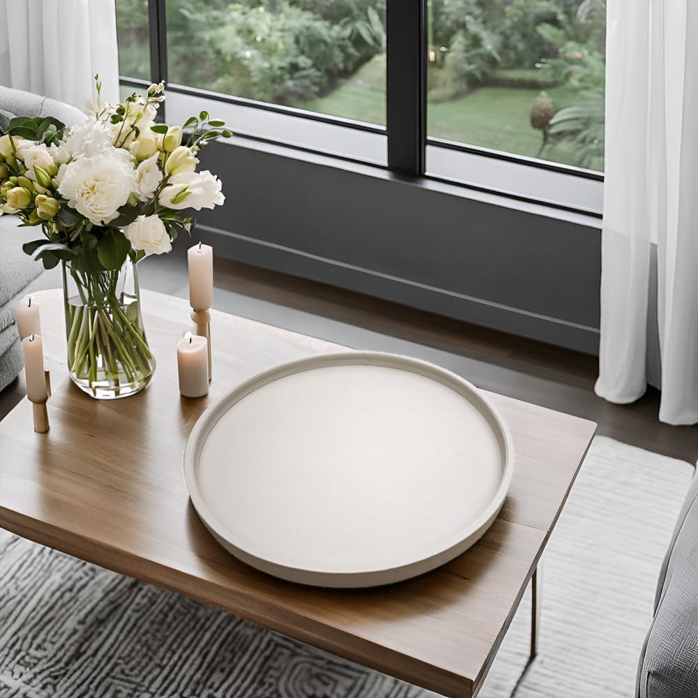 20 * 20 inches High-end Luxury Leather Round Oversized Service Tray, Ottoman & Coffee Tray for Family Dinner, Out-of-House Picnic, Party Essential (20 inch Beige)