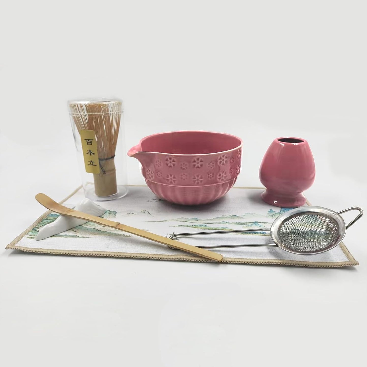 Matcha Whisk Set Pink, Ceramic Matcha Set Includes Matcha Bowl, Bamboo Whisk, Whisk Holder, Scoop, Rest, Sifter and Tea Towel – Complete 7 PCS Matcha Kit for Matcha Lovers Gift