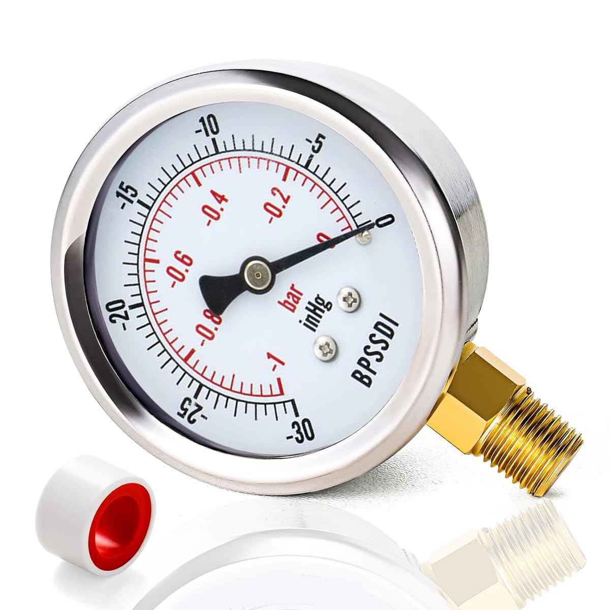 30inHg Vacuum Pressure Gauge, Water Pressure Gauge, 2.5" Dial Size, 1/8" NPT Lower Mount, 304 Stainless Steel Case, for Pneumatic Air Compressor RV Regulator Valve Test(with Tape)