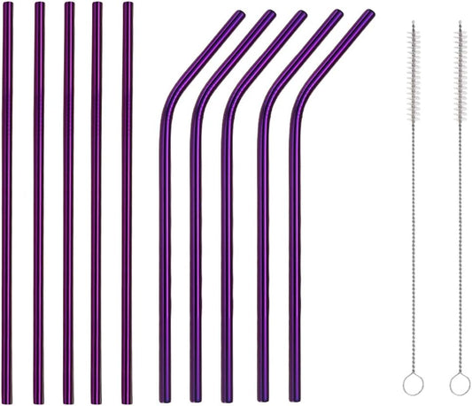 10 Pcs Stainless Steel Straws, Reusable Drinking Straws, 5 Straight + 5 Bent Metal Straws Set With 2 Pcs Cleaning Brushes (Purple, 8.5 Inch)