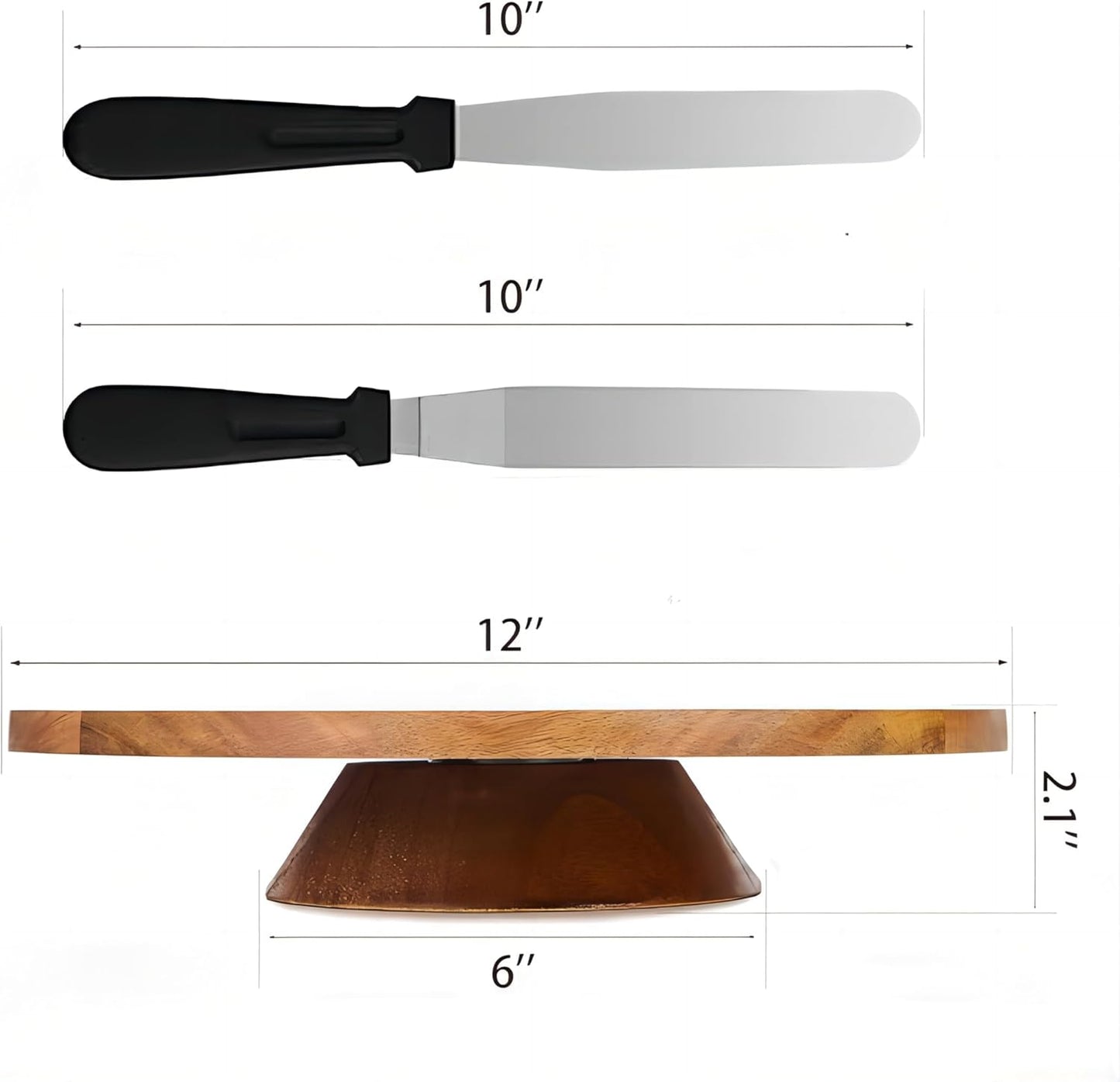 12" Acacia Wood Revolving Cake Stand, Rotating Cake Turntable with 2 Plastic Icing Spatulas, 3 Plastic Smoothers, Wooden Rotating Display Stand for Cake, Cupcake Decorating Supplies