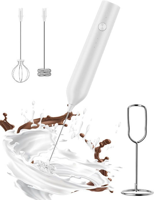 Rechargeable Milk Frother with Stand, Electric Frother Wand Handheld Coffee Foam Maker Detachable Stainless Steel Whisk Drink Mixer Foamer for Latte, Cappuccino, Hot Chocolate, Egg (White)