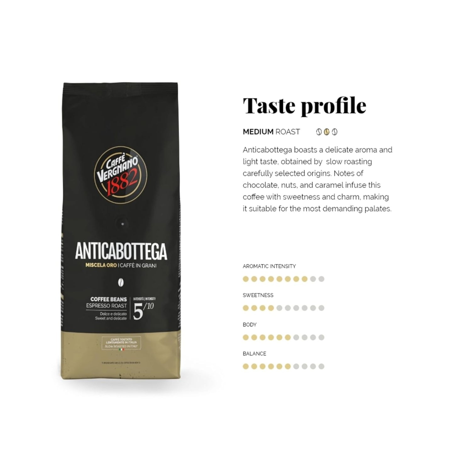 Caffe Vergnano 1882 Antica Bottega Whole Bean Arabica Medium Roast Espresso, 1.1 lbs Bag - Italian Coffee Beans with notes of Chocolate, Nuts & Caramel, Intensity 5/10-500g Bag (6 Pack)
