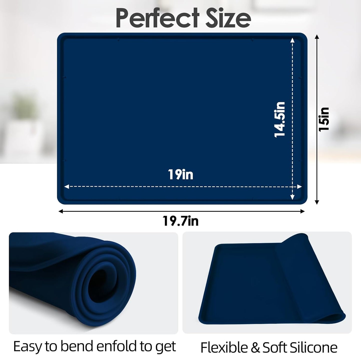 TOHONFOO Silicone Coffee Maker Mat with Lip, 19.7'' x 15'' Heavy Duty Coffee Maker Mat for Countertops, Coffee Tray Fit Under Coffee Machine Appliance Automatic Machines Espresso Accessory, Navy Blue