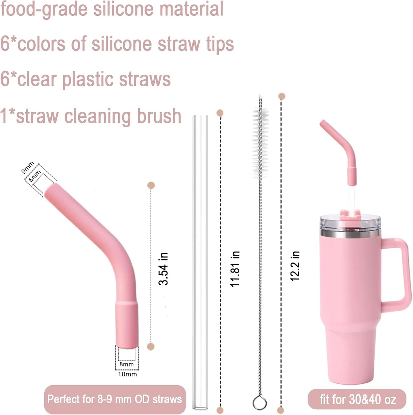 6 Pcs Reusable Silicone Straw Tips with 6 Pcs Clear Plastic Straws Compatible with Stanley 40/30 oz Cup Tumbler 8mm Drinking Long Straws with Flex Elbow Silicone Covers, 1 Cleaning Brush