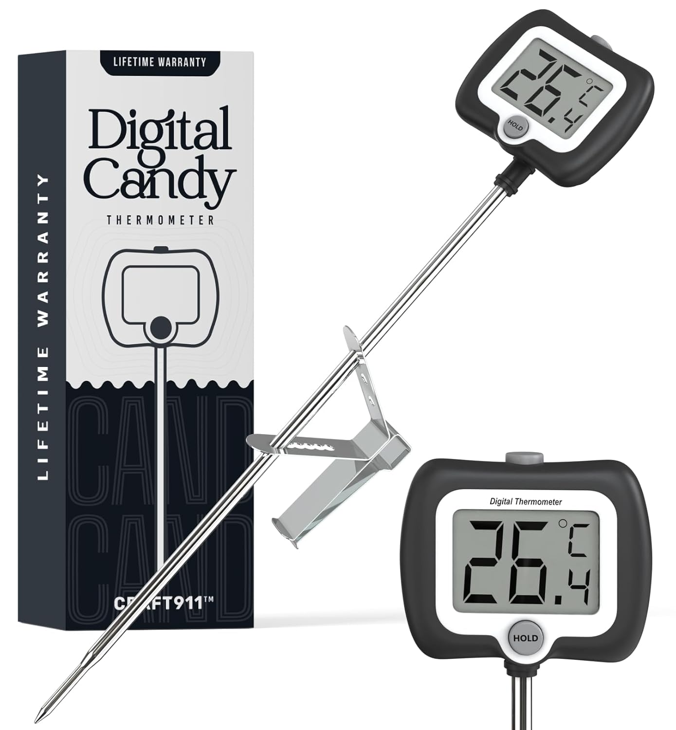 Digital Candy Thermometer with Pot Clip, 10" Long Stainless Steel Probe, Instant Read Kitchen Thermometer for Cooking, Baking, and Candy Making (Black)