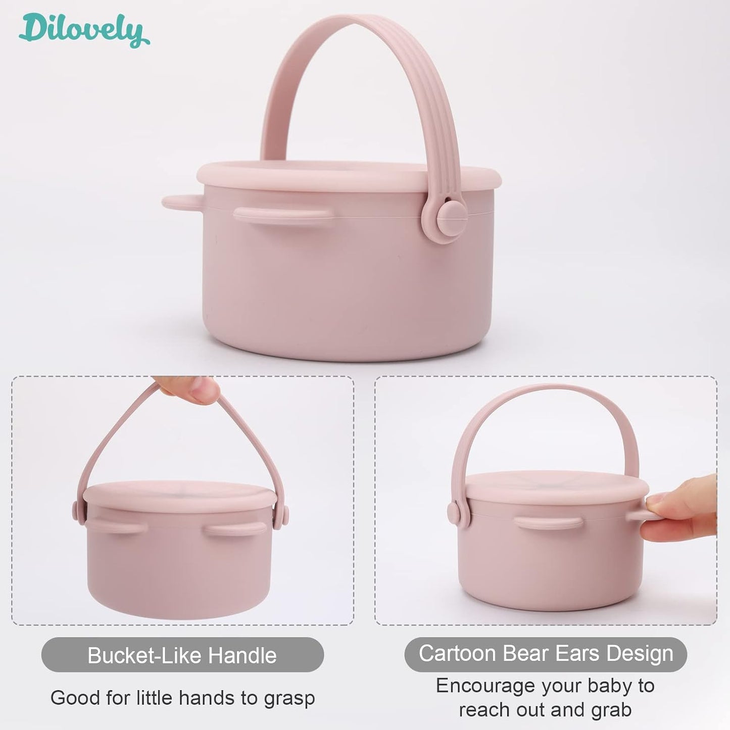 Snack Cups for Toddlers, Baby Snack Containers, Silicone Toddler Snack Cups No Spill, Food Catcher with Lid & Bucket-like Handle, BPA Free & Dishwasher Safe, 9 Ounce Lilac