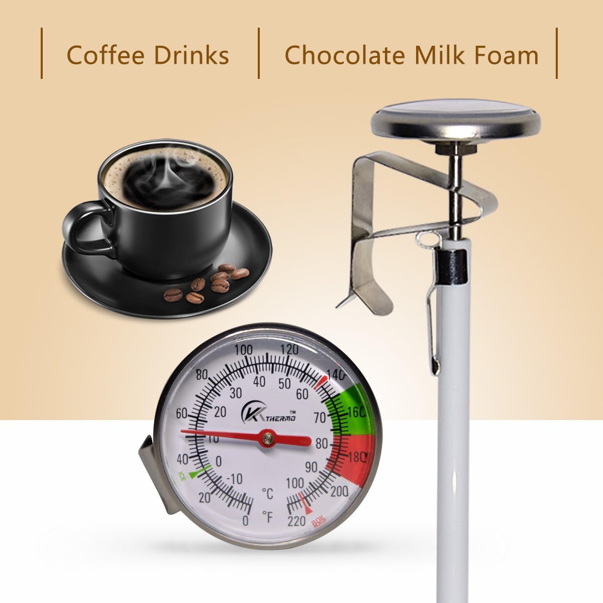 KT THERMO Instand Read 2-Inch Dial Thermometer,Best for The Coffee Drinks,Chocolate Milk Foam