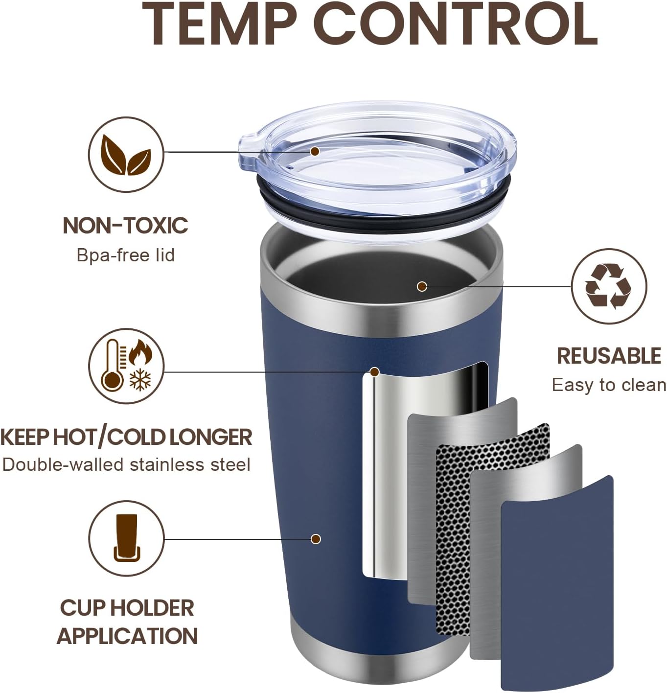 MEWAY 20oz Tumbler 4 Pack Double Wall Vacuum Insulated Travel Mug Bulk, Stainless Steel Tumblers with Lid and Straw, Durable Powder Coated Coffee Cups for Cold & Hot Drinks (Navy, 4)