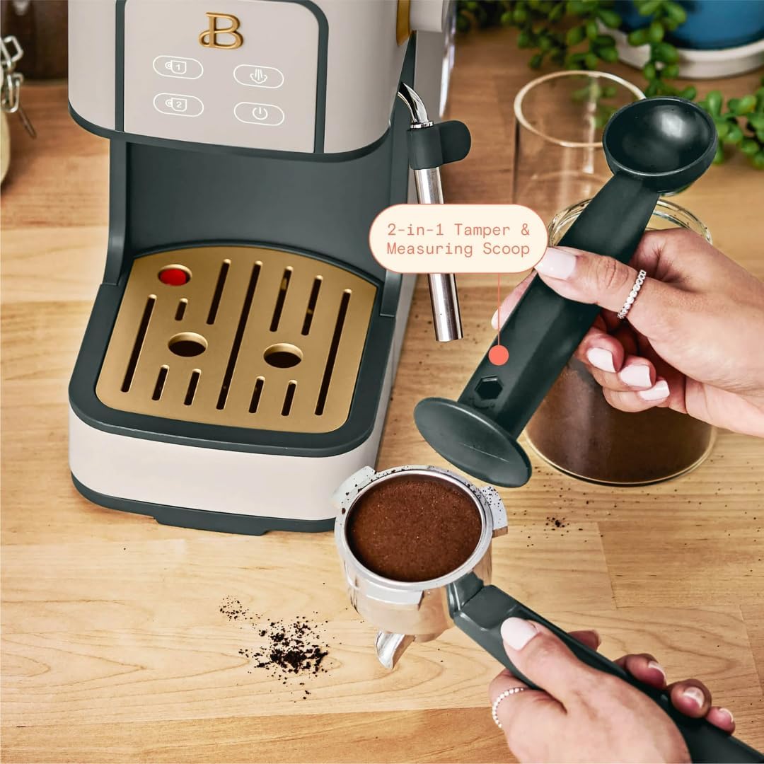 Beautiful Slim Espresso Maker by Drew Barrymore – 20‑Bar Pressure, Dual‑Spout 52 mm Portafilter, 50 oz Removable Tank, 2‑in‑1 Steam Wand & Touch Controls (Porcini Taupe)