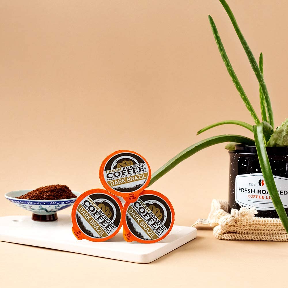 Fresh Roasted Coffee, Dark Brazil, Med-Dark Roast, 72 Pods for K Cup Brewers
