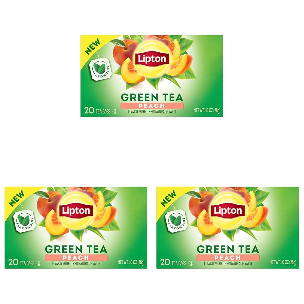 Lipton Peach Green Tea Bags, Flavored, Unsweetened Teabags for Hot Tea or Peach Iced Tea with Caffeine and Flavonoids, 20 Total Tea Bags (Pack of 3)